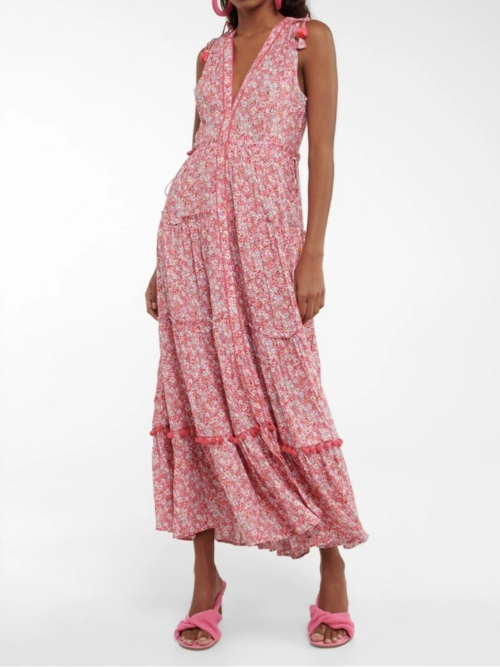 Poupette St Barth Ivy Tiered Long Dress Button Front Floral Size M